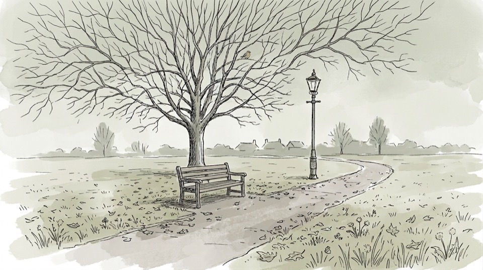 A single park bench under a bare tree, with a lamp post and a path curving away, drawn in ink and green wash.